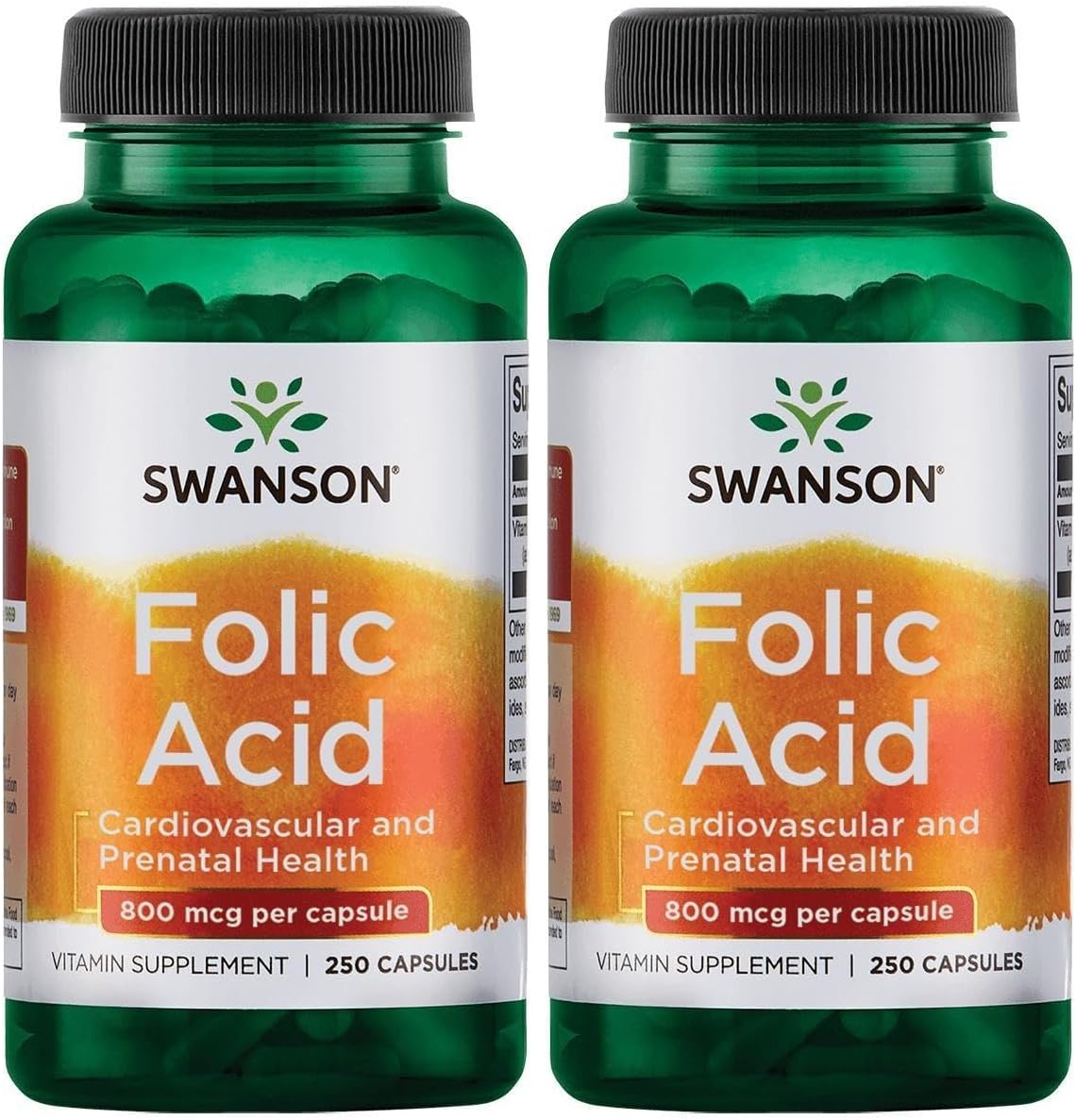 Swanson Ácido Fólico 800 mcg (335 mcg DFE Folato) 250 Cápsulas (Paquete de 2)