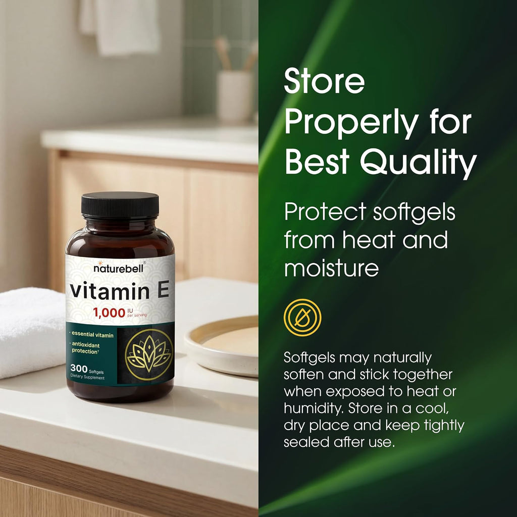 NatureBell Vitamina E 1.000 UI por dosis - 300 cápsulas blandas (suministro para 5 meses) - Complemento antioxidante probado por terceros para el cuidado de la piel, el corazón y la salud cerebral* - Alta potencia* - Sin gluten y no transgénico