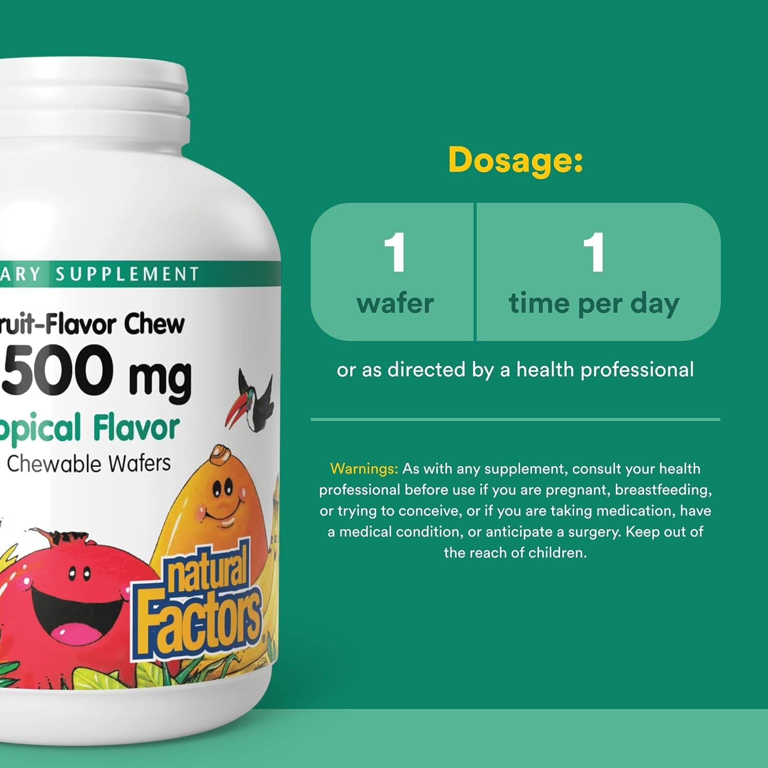 Natural Factors Vitamina C 500 mg - Suplemento para niños - Sabor tropical - 90 comprimidos masticables