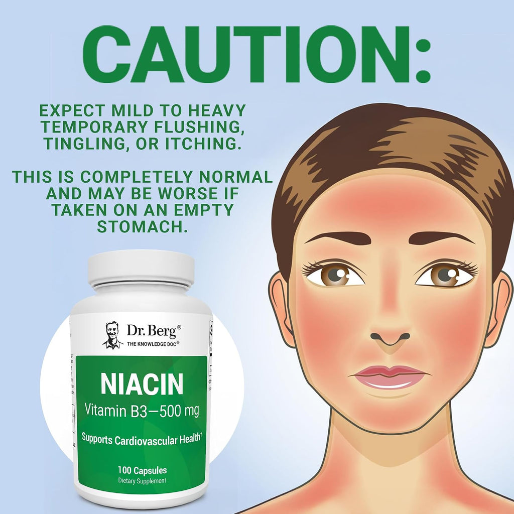 Dr. Berg Niacina de Alta Potencia 500 mg – 125 mg por Cápsula para Construir Tolerancia al Flush – 100 Cápsulas