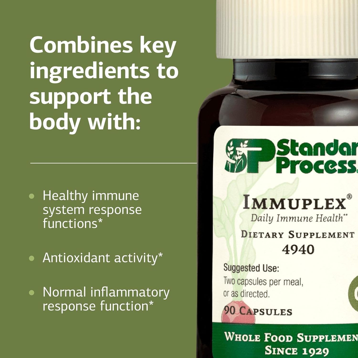 Standard Process Inc. Immuplex - Complemento diario para el apoyo inmunológico con folato, hierro, vitamina C y vitamina A - Suplemento mineral con ingredientes antioxidantes - 90 cápsulas