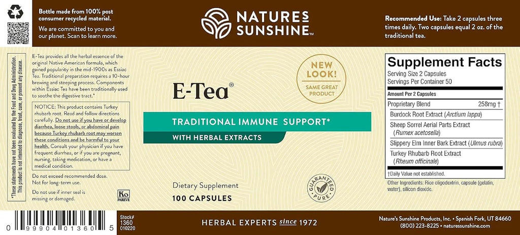 Nature's Sunshine E-Tea Cápsulas (100 cápsulas) - Versión encapsulada del té Essiac