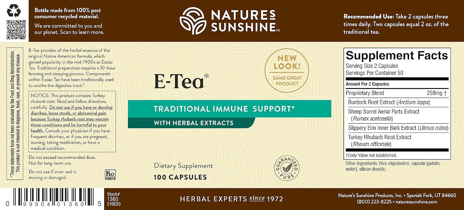 Nature's Sunshine E-Tea Cápsulas (100 cápsulas) - Versión encapsulada del té Essiac