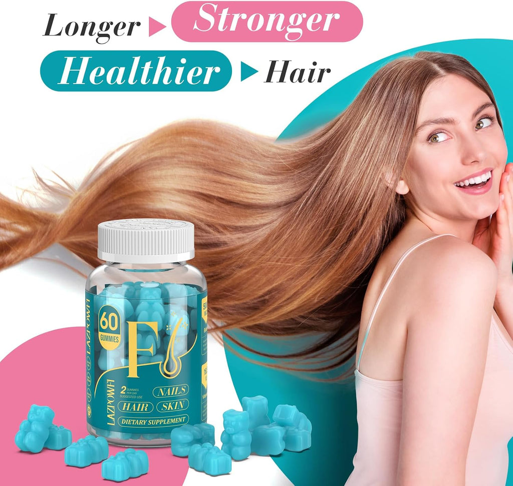 Gominolas de Biotina con Vitaminas para Cabello, Piel y Uñas - 60 Gominolas Veganas - Sabor Arándano Azul - Lazpowfi