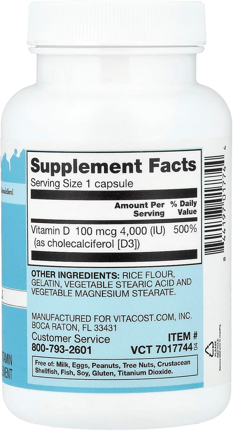 Vitacost Vitamin D3, 100 mcg (4000 UI), 100 Cápsulas