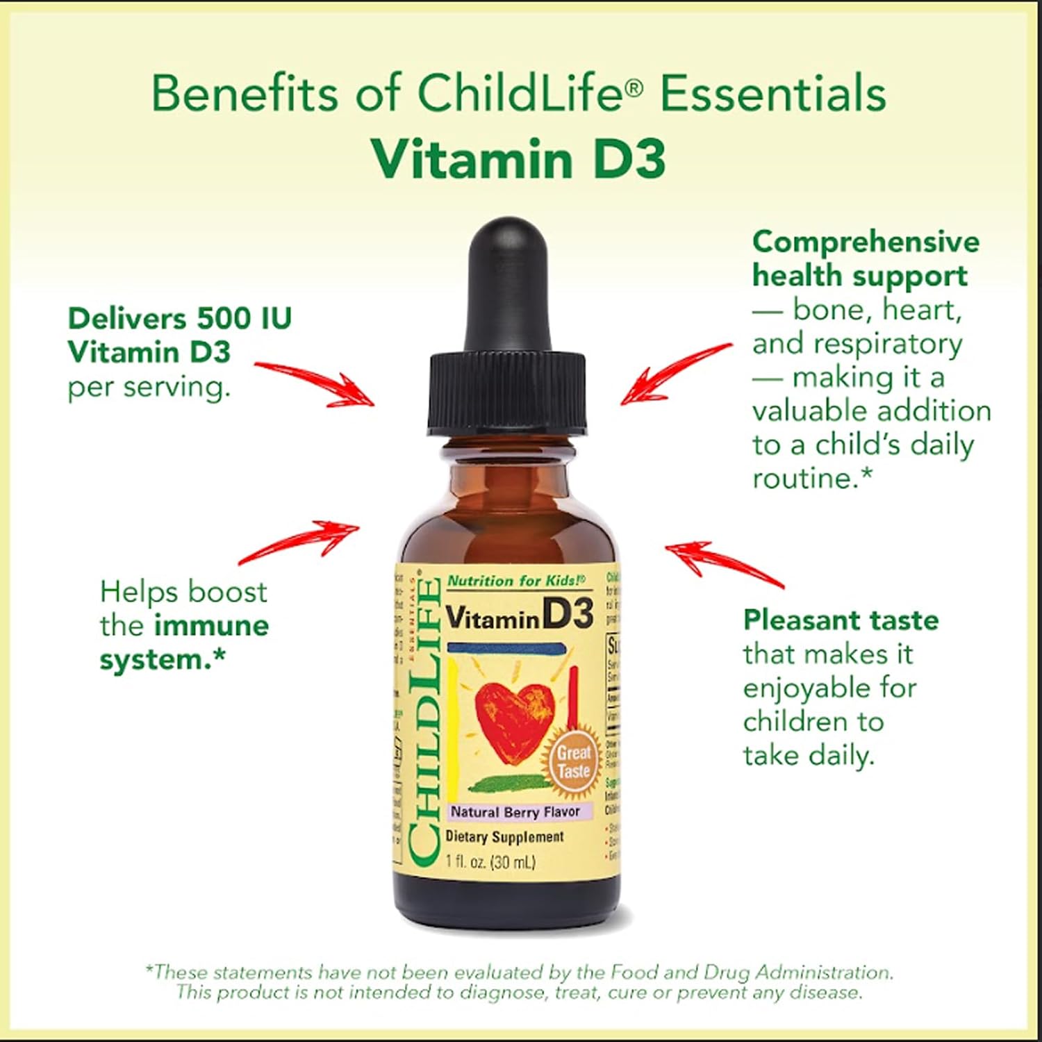 ChildLife Essentials Gotas de Vitamina D3 para Bebés y Niños - 500 UI por Dosis, Sabor Baya Natural - 30 ml