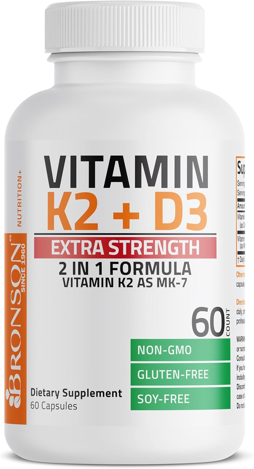 Bronson Vitamina K2 (MK-7) con D3 Extra Strength - 10.000 UI D3 + 120 mcg MK-7, 60 cápsulas