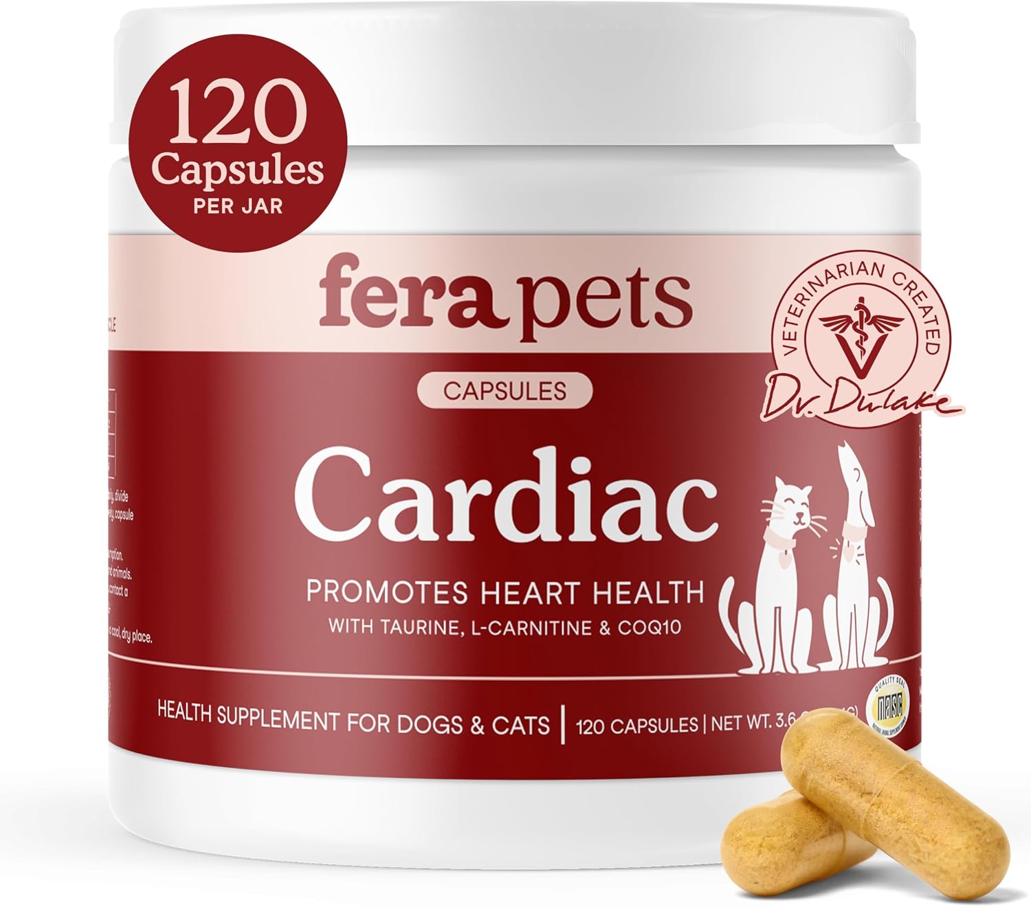 Fera Pets Suplemento Cardíaco para Perros y Gatos con Taurina, L-Carnitina y CoQ10 - 120 Cápsulas