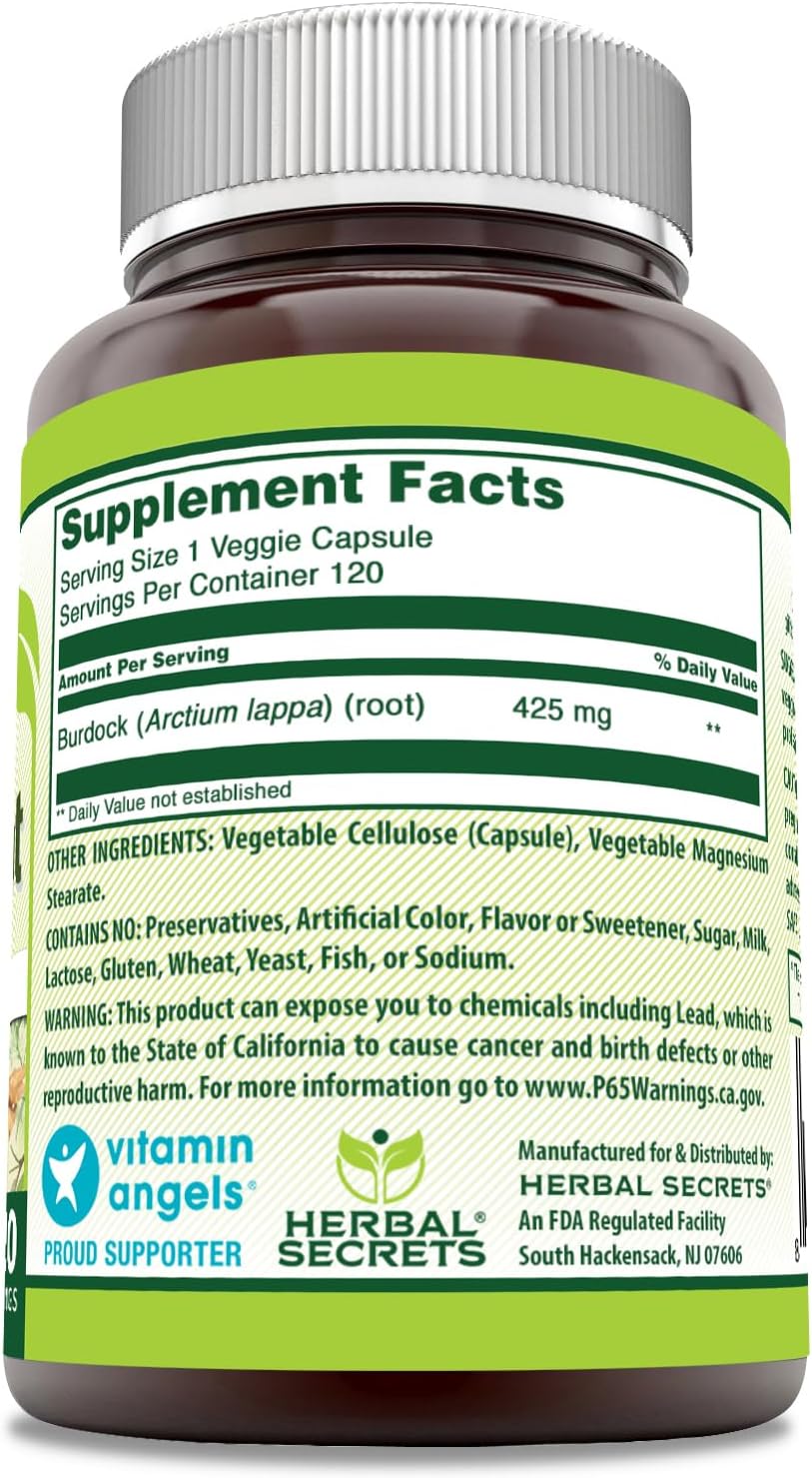 Herbal Secrets Suplemento de Raíz de Bardana | 425 mg por ración | 120 Cápsulas Vegetales | No GMO | Sin Gluten