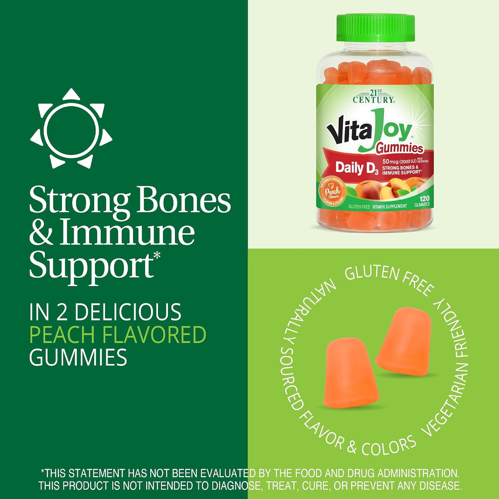 21st Century VitaJoy Vitamina D3 50 mcg (2000 UI) Gominolas, Sabor Melocotón, 120 Unidades