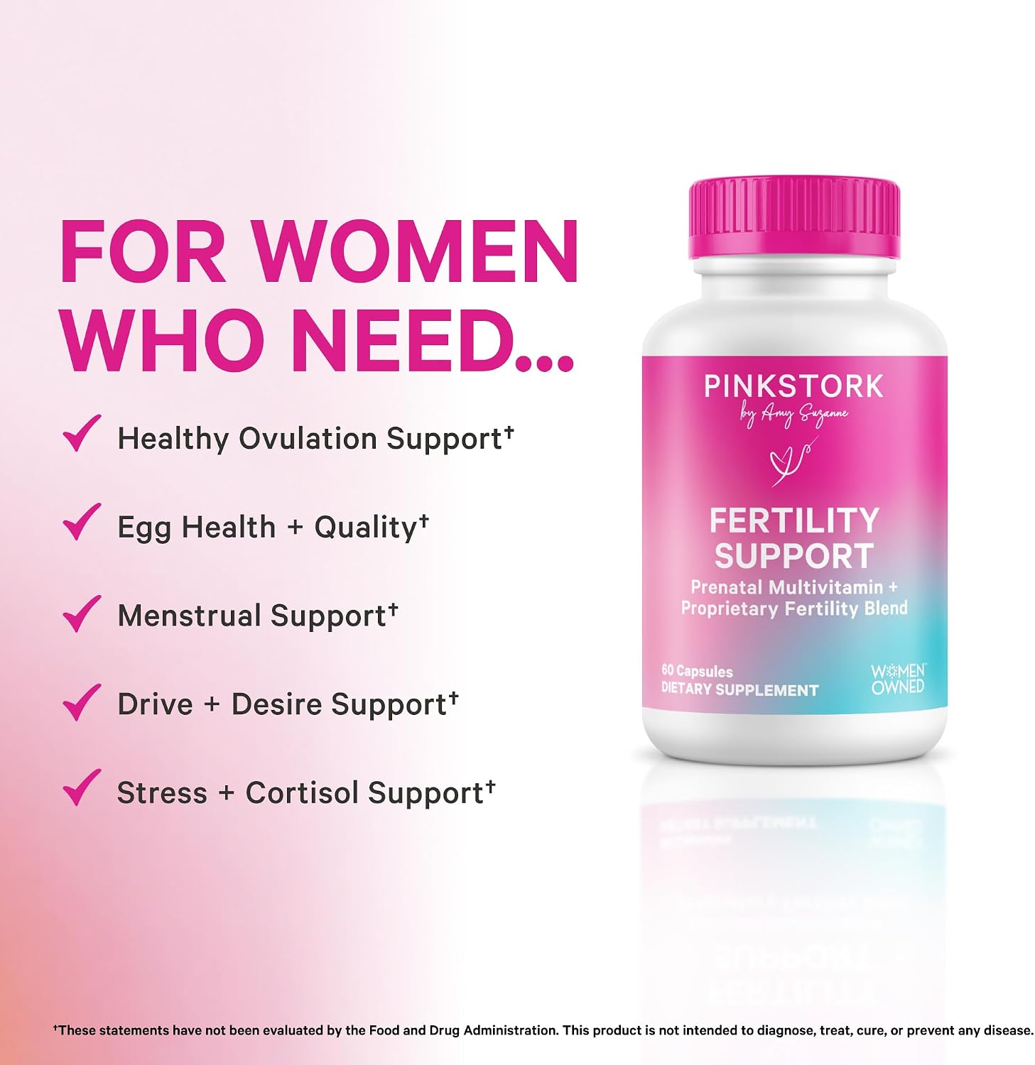 Pink Stork Fertility Support - Suplemento de Fertilidad para Mujeres, 60 Cápsulas
