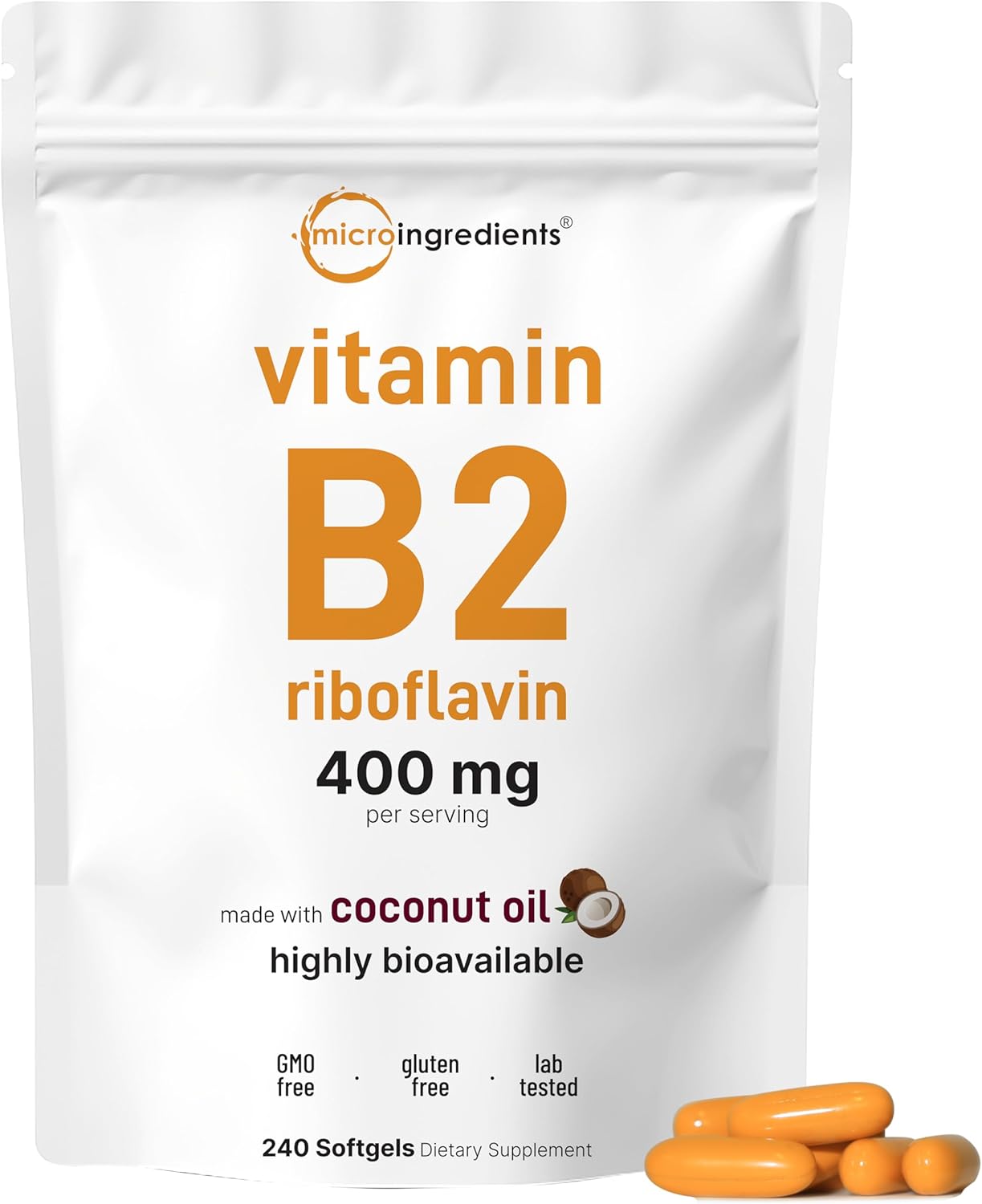 Vitamina B2, Riboflavina 400mg | 240 Cápsulas Blandas con Aceite de Coco | Alta Biodisponibilidad | Fuerza Extra | Complementos de Vitamina B para Energía | para Mujeres y Hombres | Sin OGM, Sin Gluten