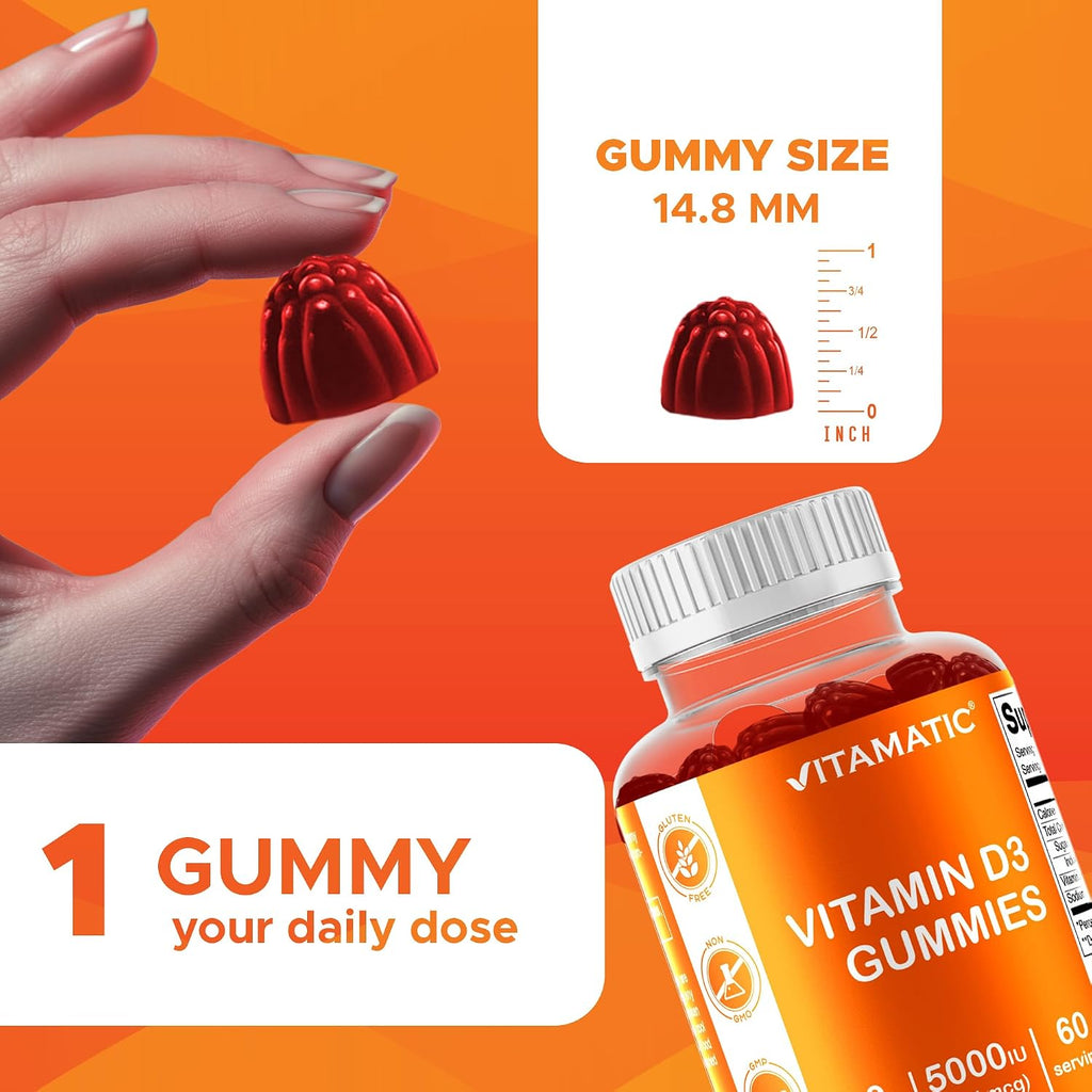 Vitamatic Gominolas de Vitamina D3 (5000 IU) - 60 Gominolas con Sabor Natural a Fresa