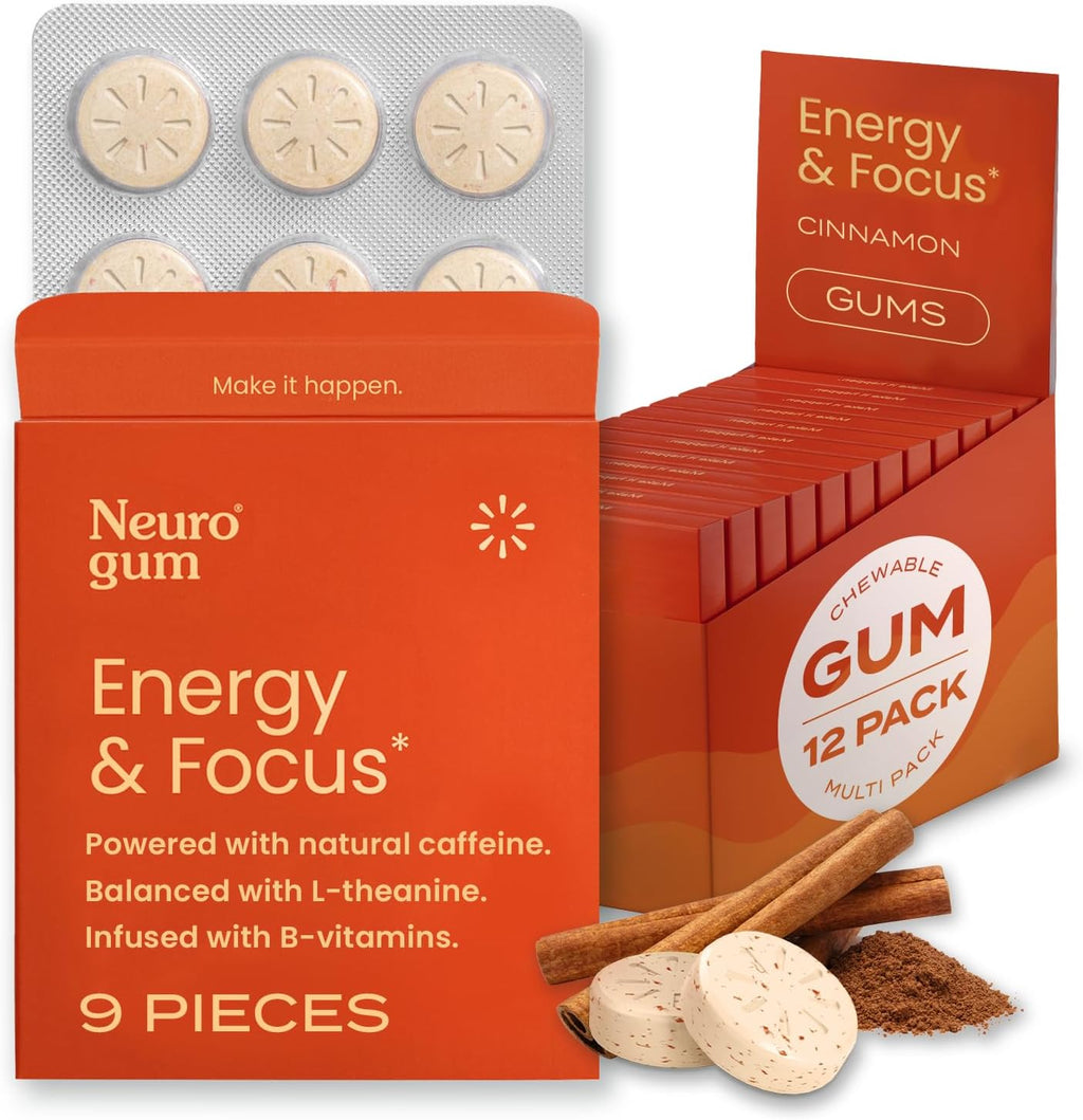 NeuroGum Energy & Focus, Canela, 12 Paquetes, 9 Piezas Cada Uno
