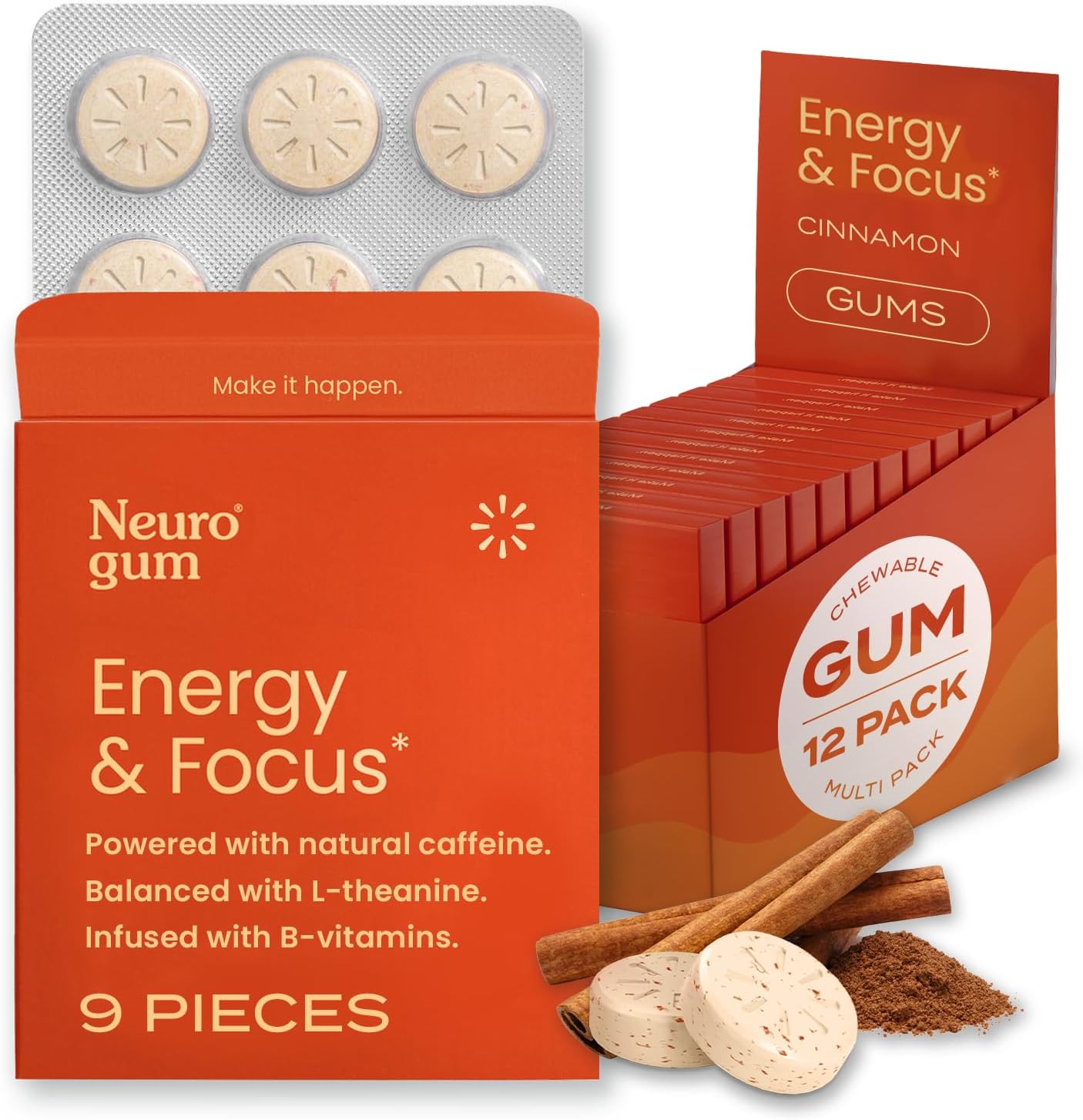 NeuroGum Energy & Focus, Canela, 12 Paquetes, 9 Piezas Cada Uno