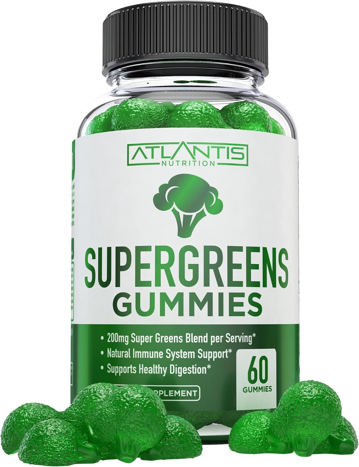 Supergreens Gummies - Complemento Diario de Superalimentos Verdes con Espinacas, Brócoli, Moringa, Remolacha, Apio, Té Verde y Acai - Sabor Frambuesa Natural, 60 Gominolas