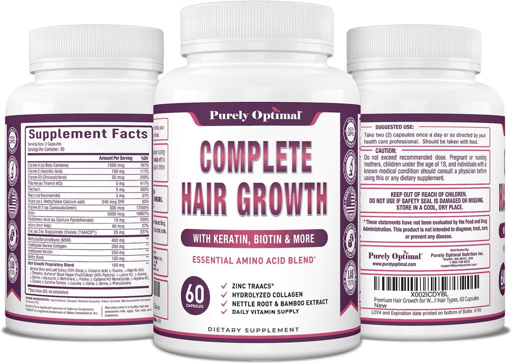 Purely Optimal Vitaminas para el Crecimiento del Cabello – 5000 mcg Biotina, Colágeno, Keratina – 60 Cápsulas