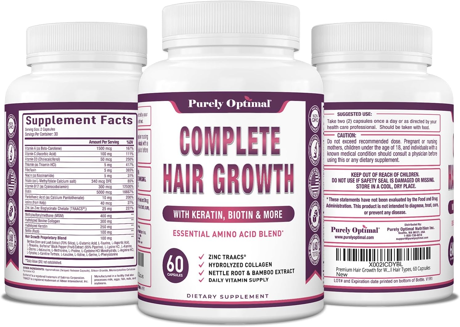 Vitaminas para el Crecimiento del Cabello Purely Optimal – Biotina, Colágeno, Queratina – 60 Cápsulas