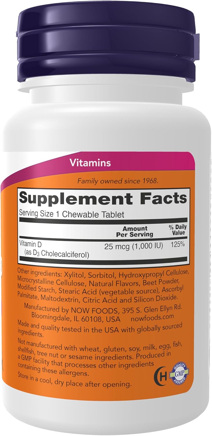 NOW Foods Vitamina D3 1.000 UI Comprimidos Masticables Sabor Natural Fruta 180 uds