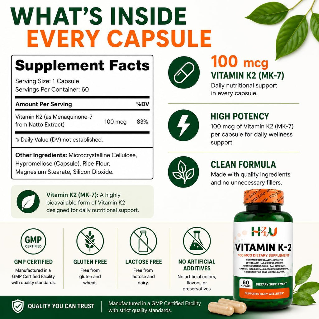 H4U Vitamina K2 MK-7 100 mcg – 60 Cápsulas Veganas | Apoya Huesos y Corazón