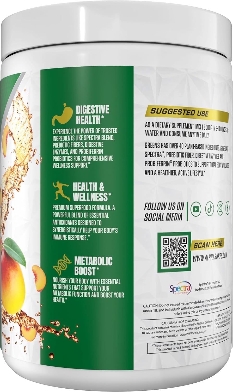Alpha Greens - Superfood en Polvo con Frutas y Verduras, 40+ Ingredientes Naturales, Prebiótico y Probiótico, 30 Servicios (Melocotón Mango)