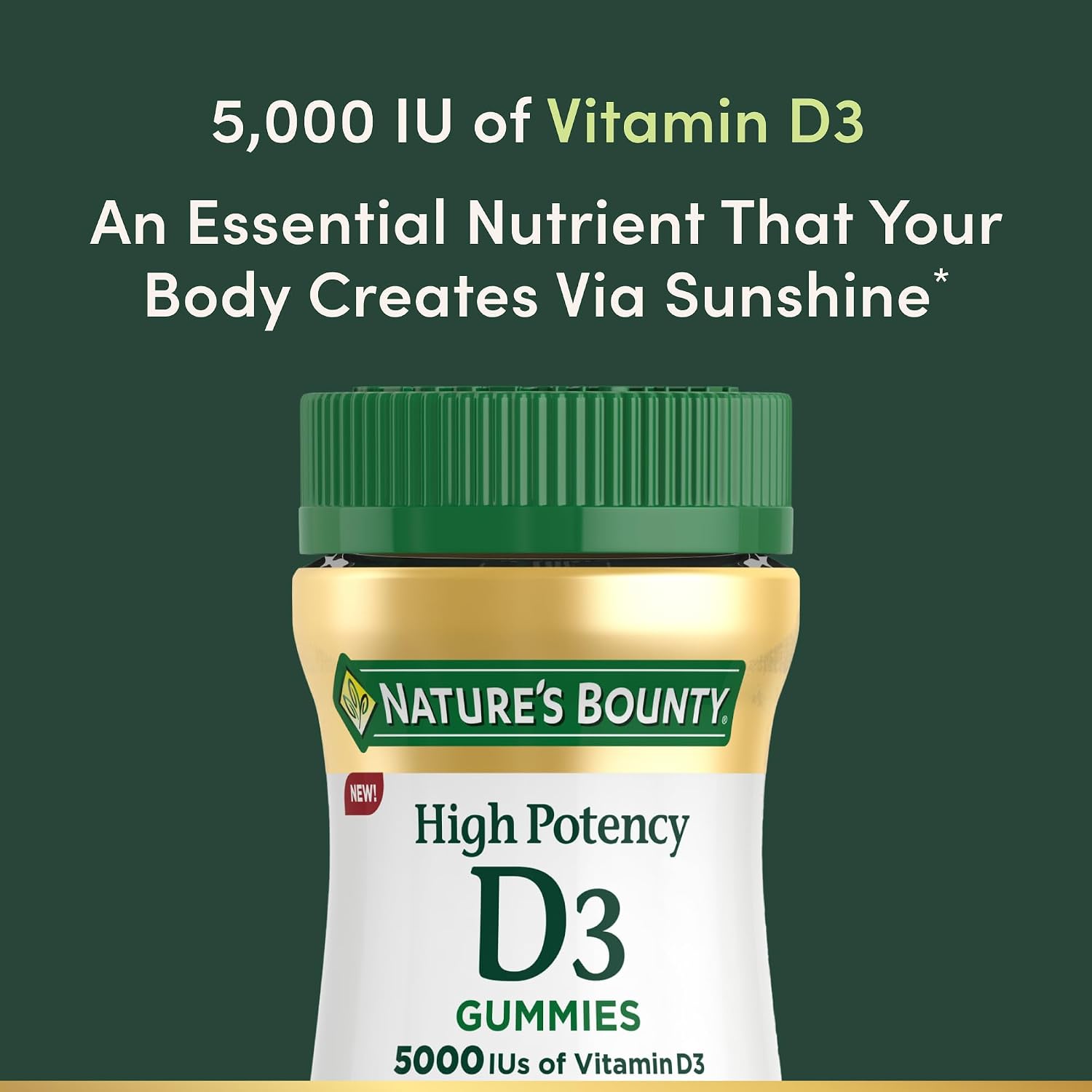 Nature's Bounty Vitamina D3 5000 UI Gominolas, Alto Potencia, Sabor Fresa, 60 Gominolas Vegetarianas