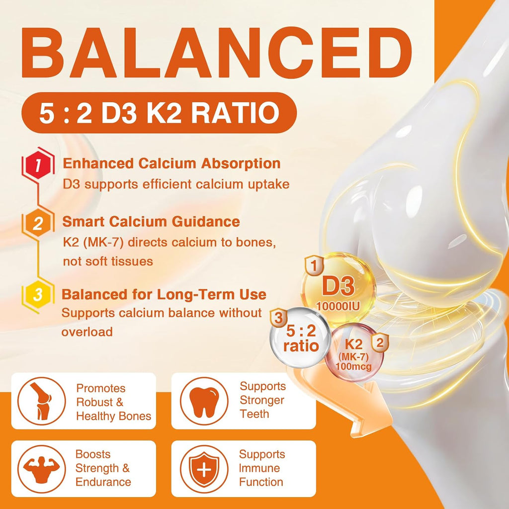 ZEBORA Vitamina D3 K2 - Máxima Potencia 10000 UI D3 y 100 mcg K2 como MK-7 - Salud Ósea, Cardíaca e Inmunológica - Sin Gluten, No GMO, 120 Cápsulas
