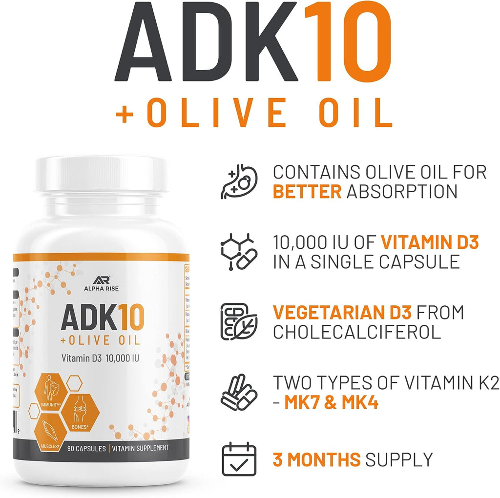 ALPHA RISE ADK 10 - Vitamina D3 10000 UI, K2 (MK7+MK4) y Vitamina A con Aceite de Oliva - 90 Cápsulas Vegetarianas - No GMO