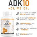 ALPHA RISE ADK 10 - Vitamina D3 10000 UI, K2 (MK7+MK4) y Vitamina A con Aceite de Oliva - 90 Cápsulas Vegetarianas - No GMO