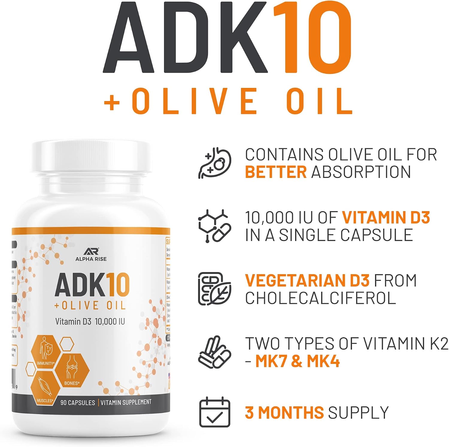 ALPHA RISE ADK 10 - Vitamina D3 10000 UI, K2 (MK7+MK4) y Vitamina A con Aceite de Oliva - 90 Cápsulas Vegetarianas - No GMO
