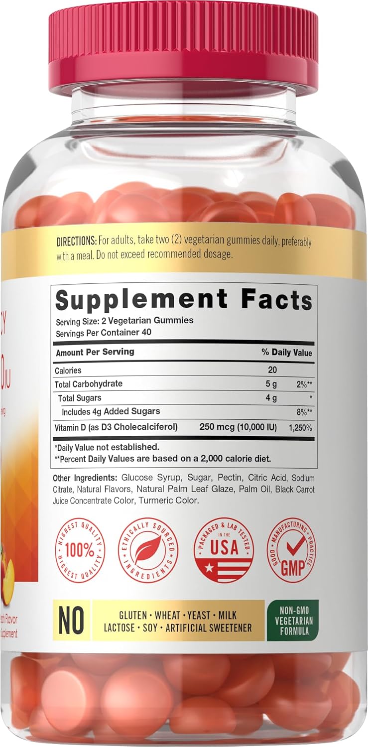 Carlyle Vitamina D3 10000 IU Gomitas para Adultos - Sabor Melocotón - 80 Gomitas - Vegetariano, No-GMO, Sin Gluten