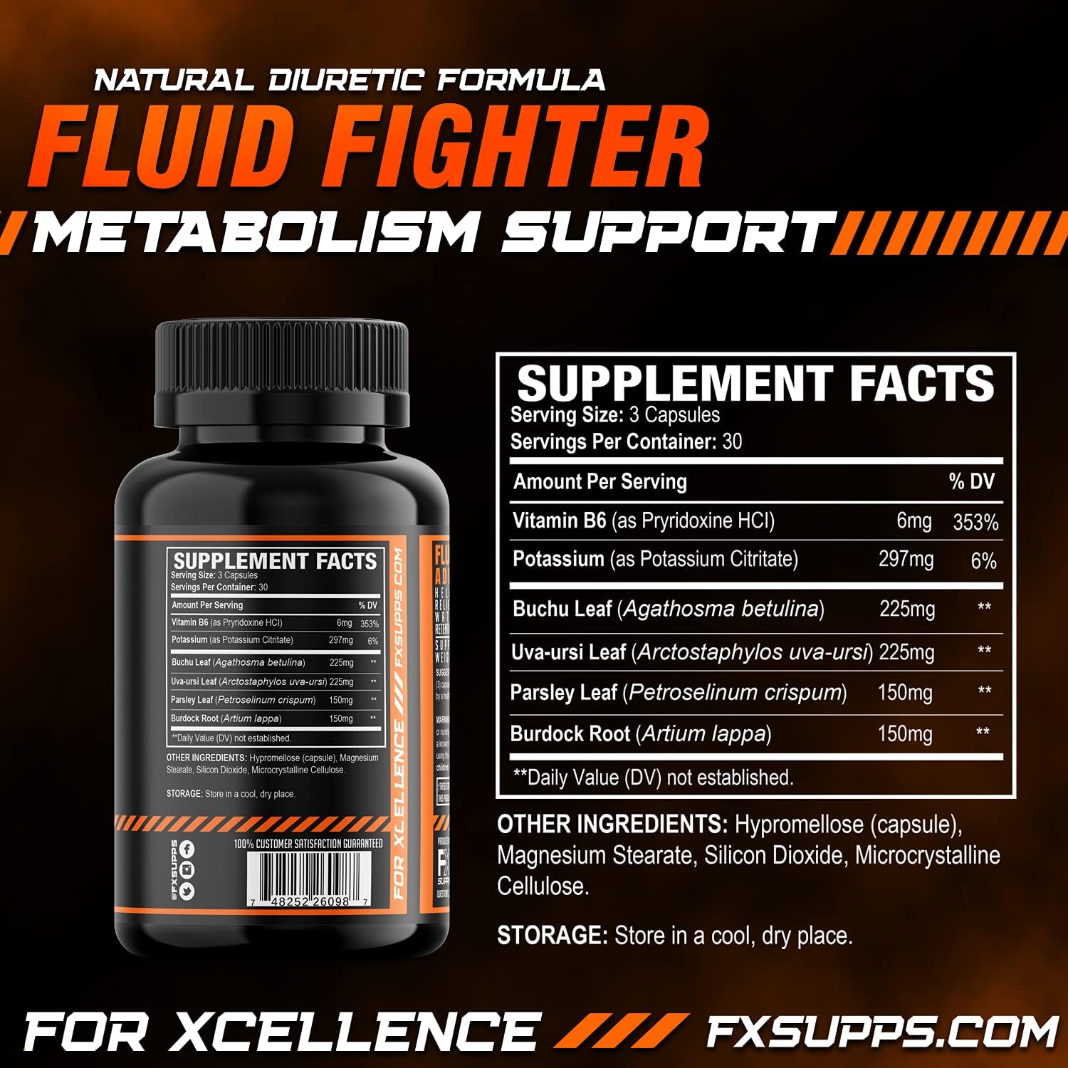 FXSUPPS Fluid Fighter – Suplemento Herbal con Potasio y Vitamina B6, 90 Cápsulas – Favorece el Equilibrio de Líquidos y la Función Muscular