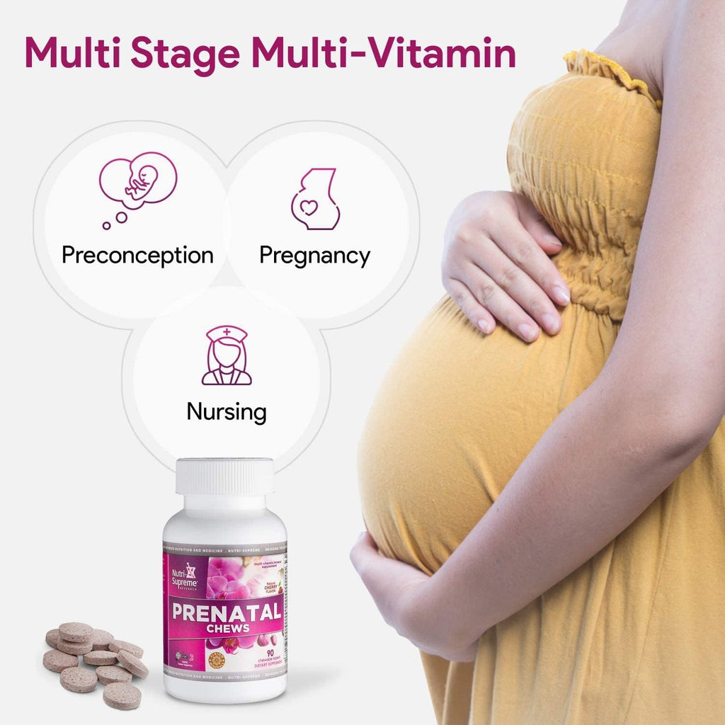 Nutri Supreme Vitaminas Prenatales Masticables – 800 mcg de Folato y Hierro – Sabor Cereza – 90 Comprimidos