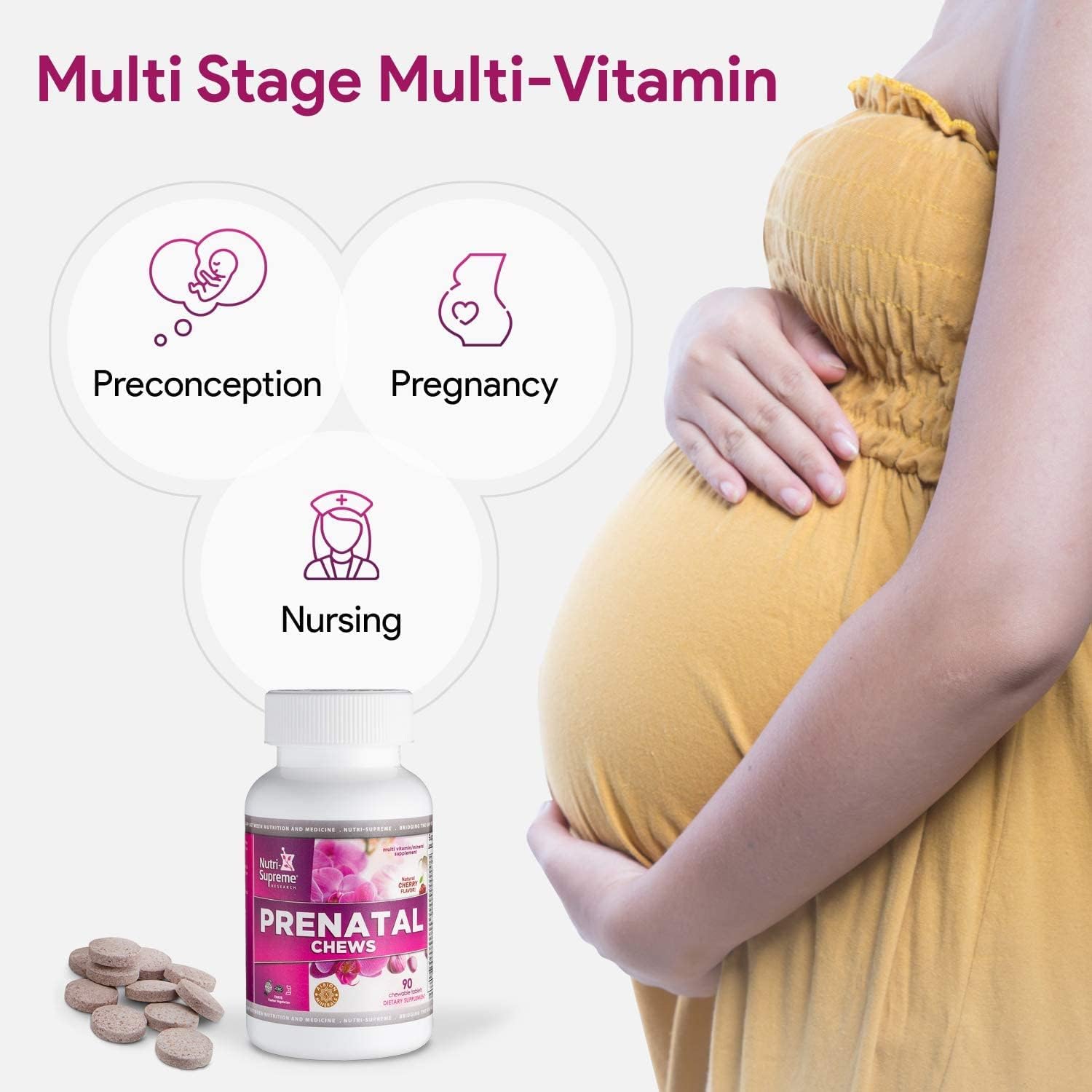 Nutri Supreme Vitaminas Prenatales Masticables – 800 mcg de Folato y Hierro – Sabor Cereza – 90 Comprimidos