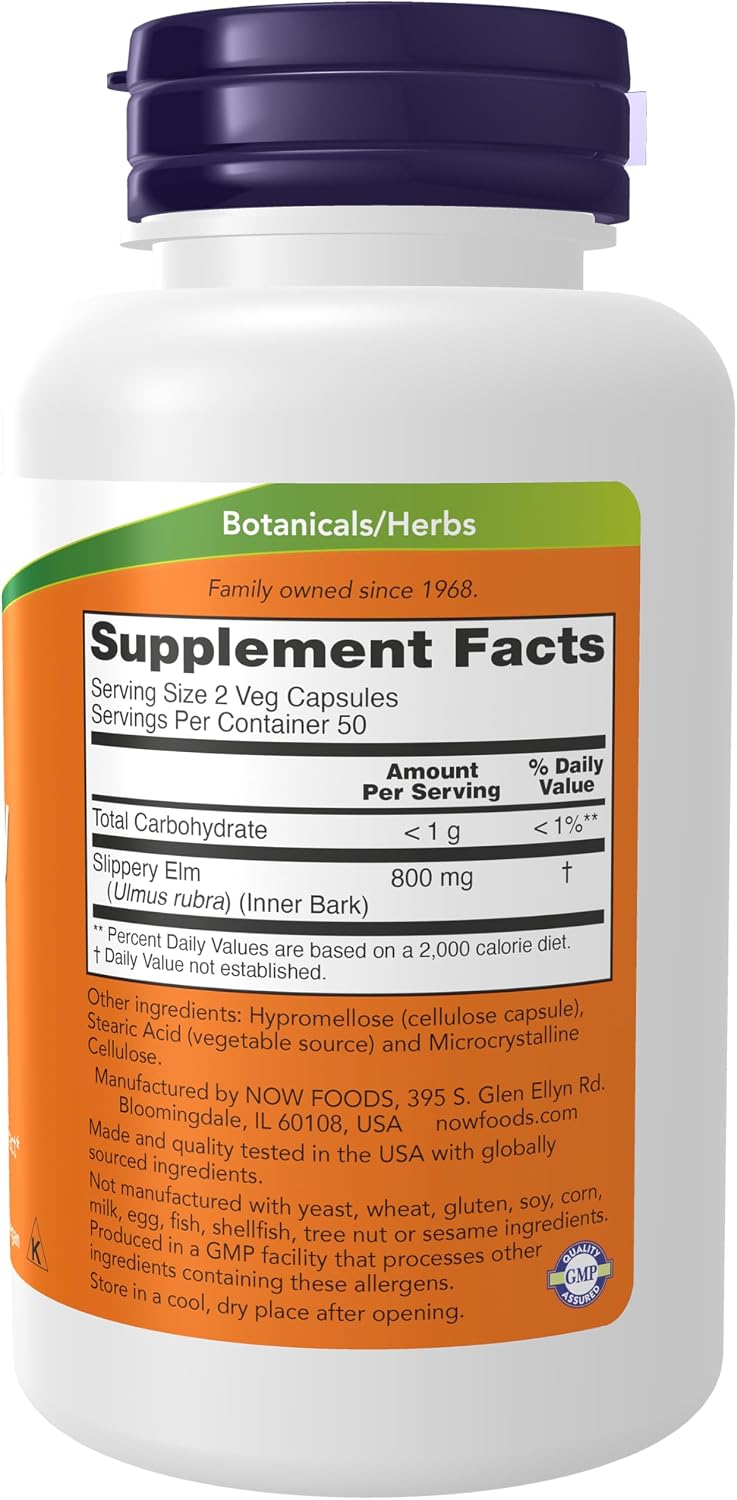 Now Foods Olmo Americano (Slippery Elm) - 100 Cápsulas de 400 mg