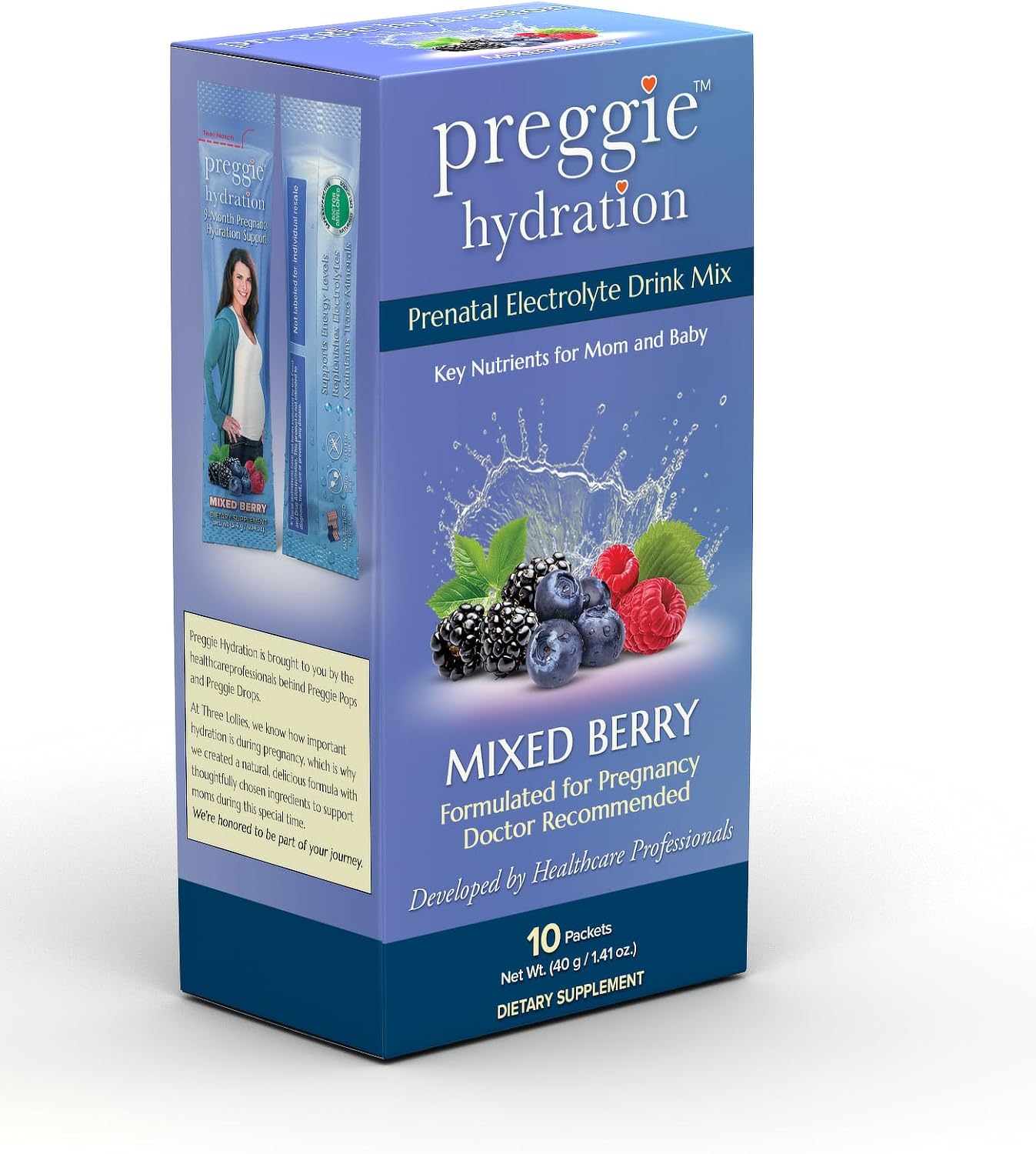 Three Lollies Preggie Hydration Packets - Sobres de hidratación para embarazo, sabor mixed berry, 10 unidades