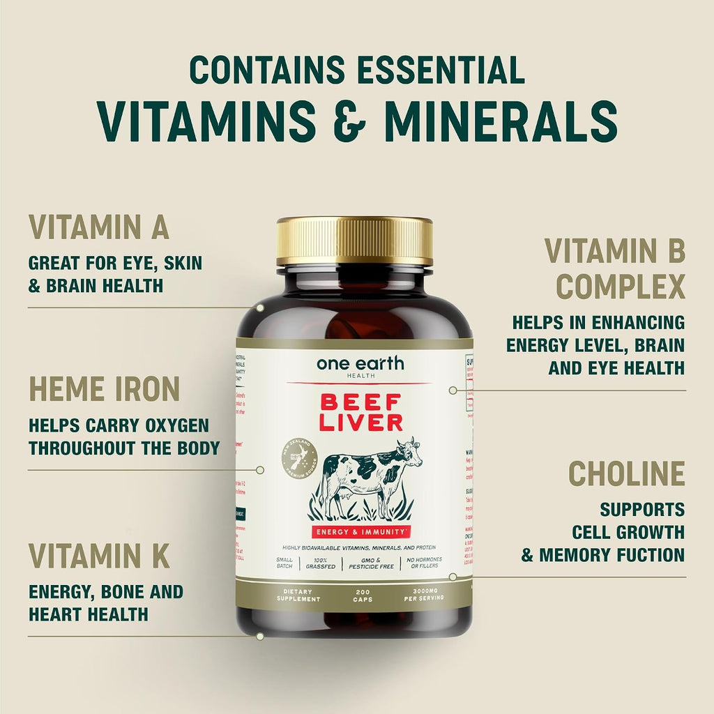 One Earth Health Cápsulas de Hígado de Res Desecado Grass-Fed, 3000 mg, 200 Cápsulas