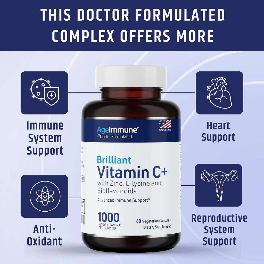 AgeImmune Complejo de Vitamina C 1000 mg con L-Lisina 500 mg, Zinc 12 mg y Bioflavonoides 300 mg - 2 Botellas