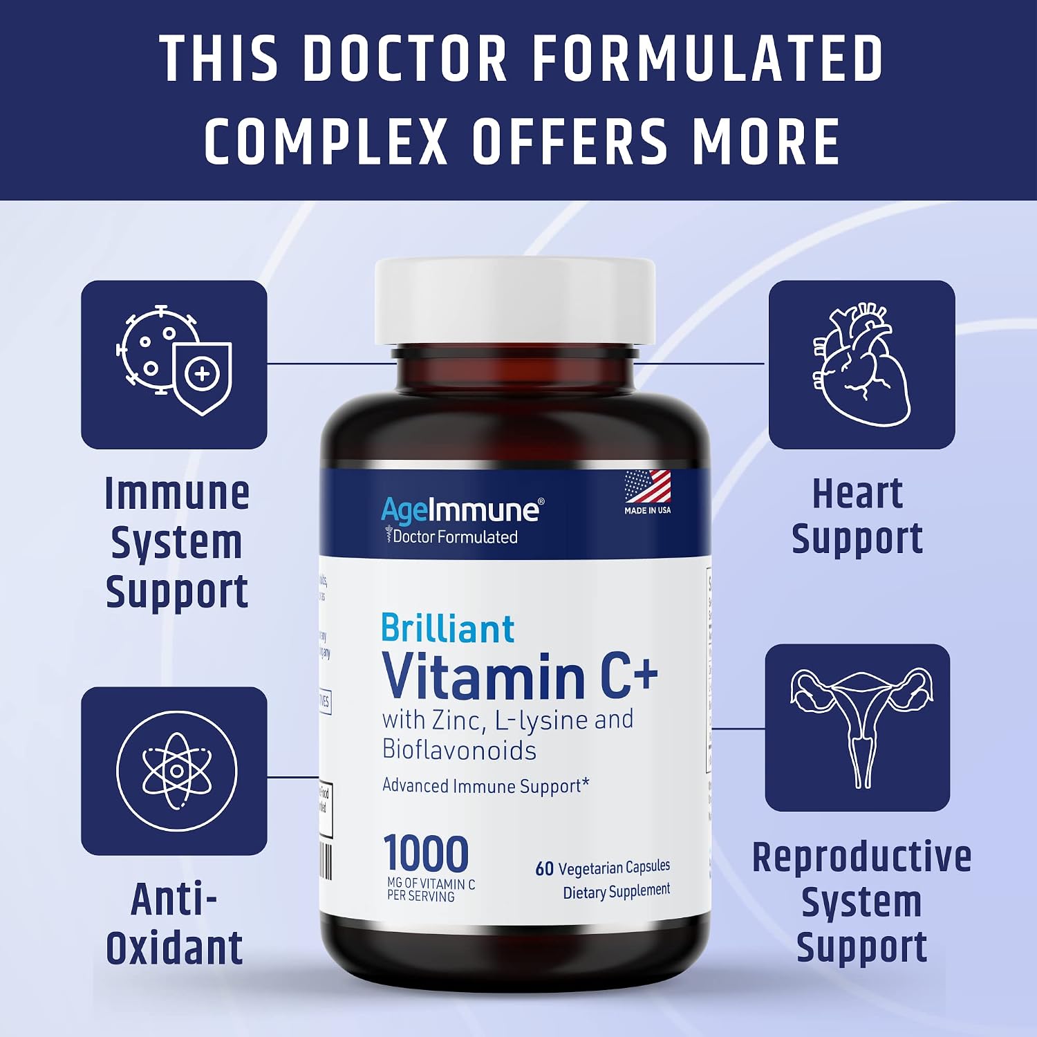 AgeImmune Complejo de Vitamina C 1000 mg con L-Lisina 500 mg, Zinc 12 mg y Bioflavonoides 300 mg - 2 Botellas