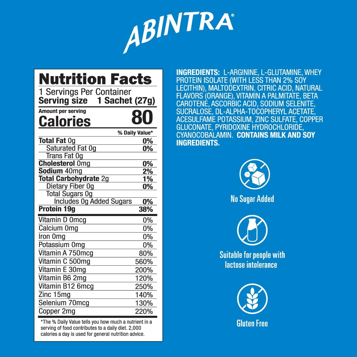 ABINTRA Nutrición para Cicatrización con L-Arginina, Sabor Naranja, 6 Sobres
