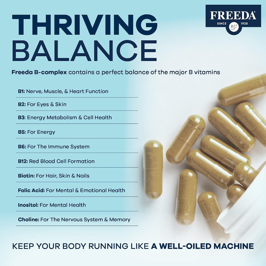 FREEDA Vitamin B-50 Complex – Super Quints B-Complex con B1, B2, B3, B5, B6, Biotina, Folato, B12, Colina e Inositol – 100 Cápsulas Veganas