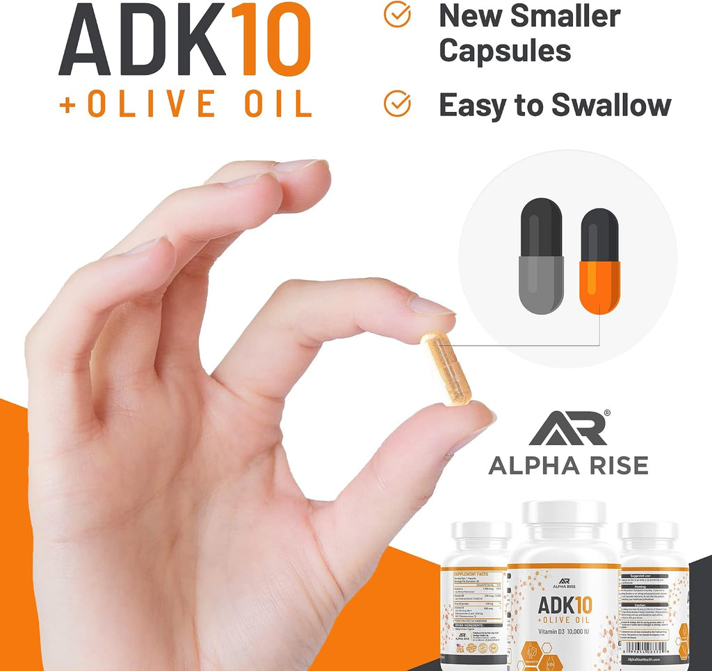 ALPHA RISE ADK 10 - Vitamina D3 10000 UI, K2 (MK7+MK4) y Vitamina A con Aceite de Oliva - 90 Cápsulas Vegetarianas - No GMO