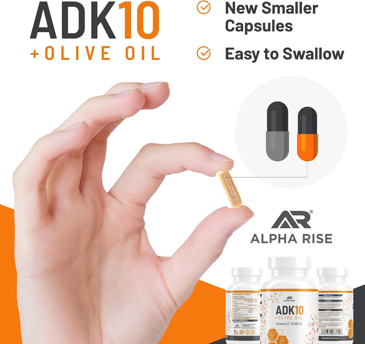 ALPHA RISE ADK 10 - Vitamina D3 10000 UI, K2 (MK7+MK4) y Vitamina A con Aceite de Oliva - 90 Cápsulas Vegetarianas - No GMO