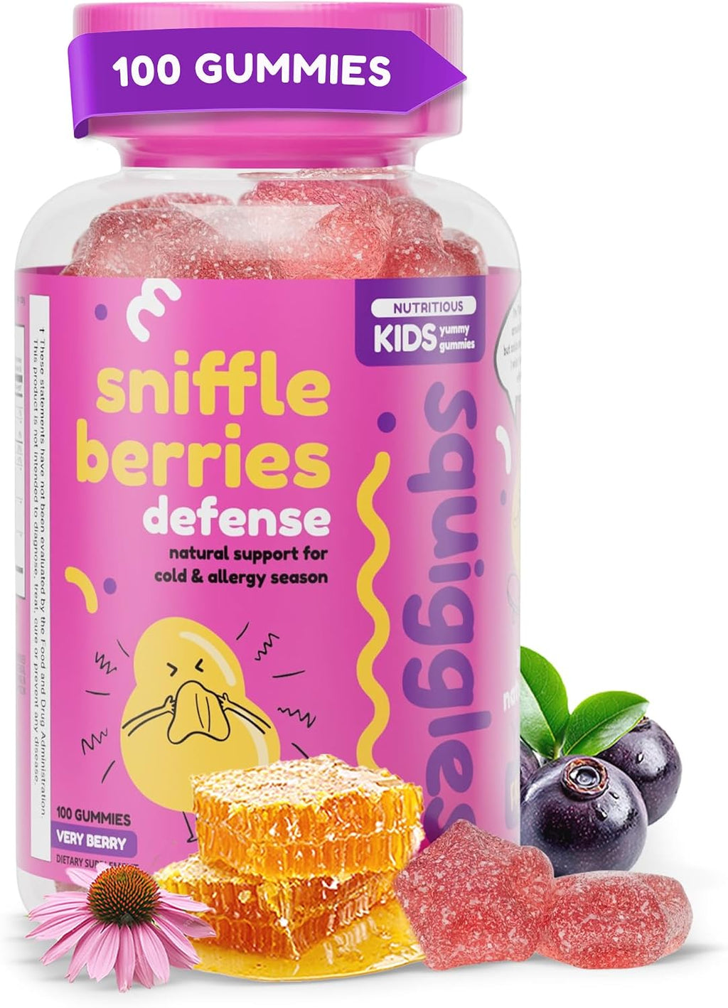 Squiggles Sniffle Berries Gomitas de Saúco, Propóleo y Equinácea para Niños - 100 uds