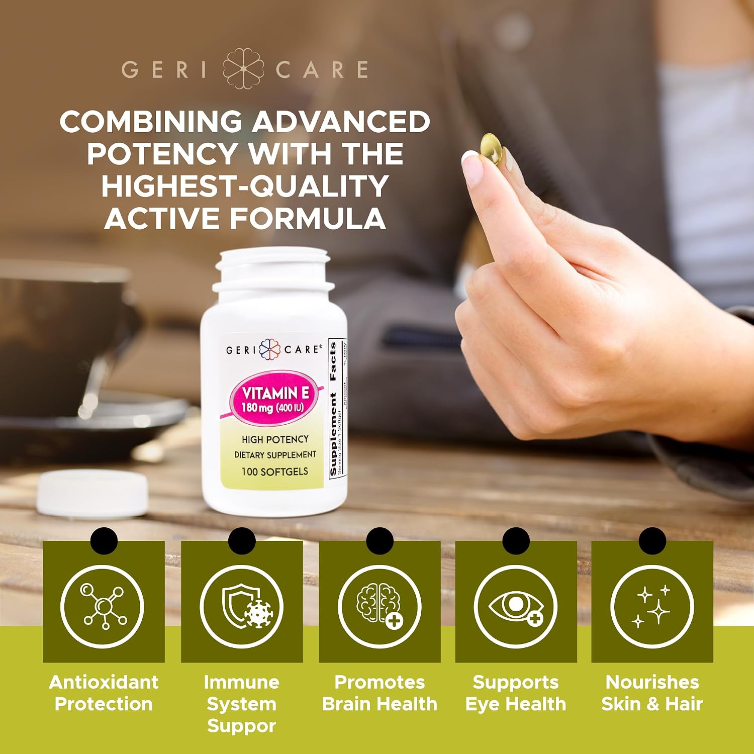 GeriCare Vitamina E Alta Potencia 400 UI (180 mg) - 100 Cápsulas Blandas