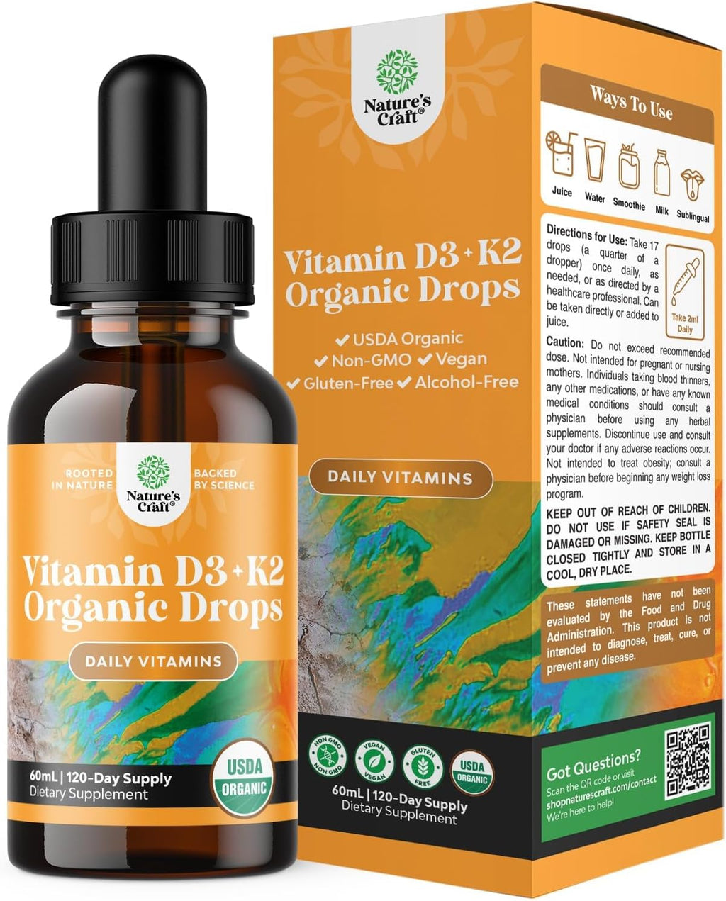 Natures Craft Gotas Líquidas de Vitamina D3 con K2 - 2000 UI por Dosis, Vegano, 60 ml (2 Fl Oz)