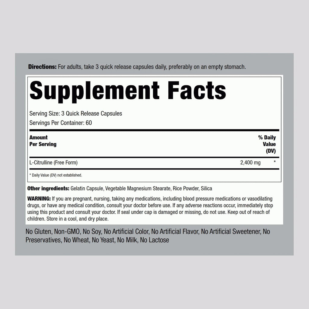 Piping Rock L-Citrulline 2400mg 180 Cápsulas - Aminoácido de Forma Libre - No Transgénico, Sin Gluten