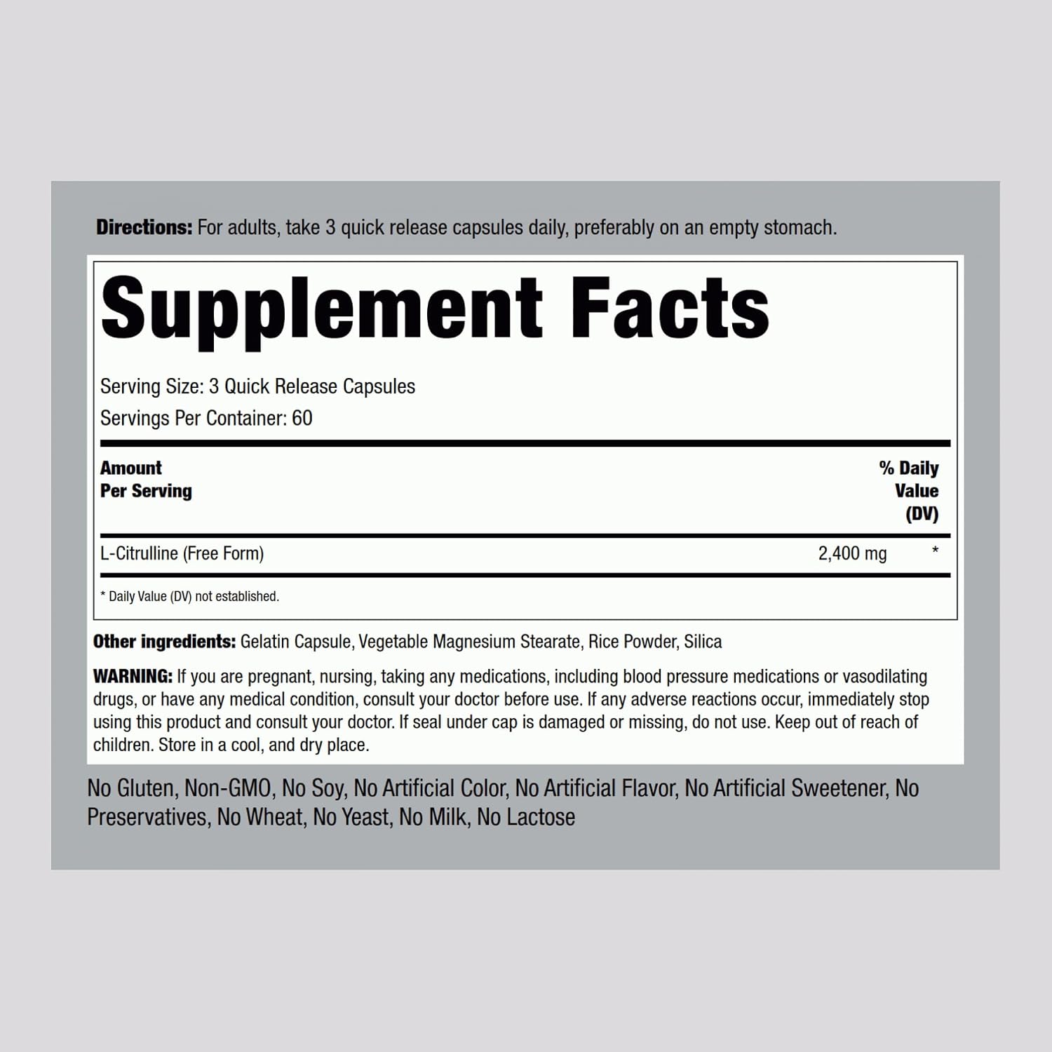 Piping Rock L-Citrulline 2400mg 180 Cápsulas - Aminoácido de Forma Libre - No Transgénico, Sin Gluten