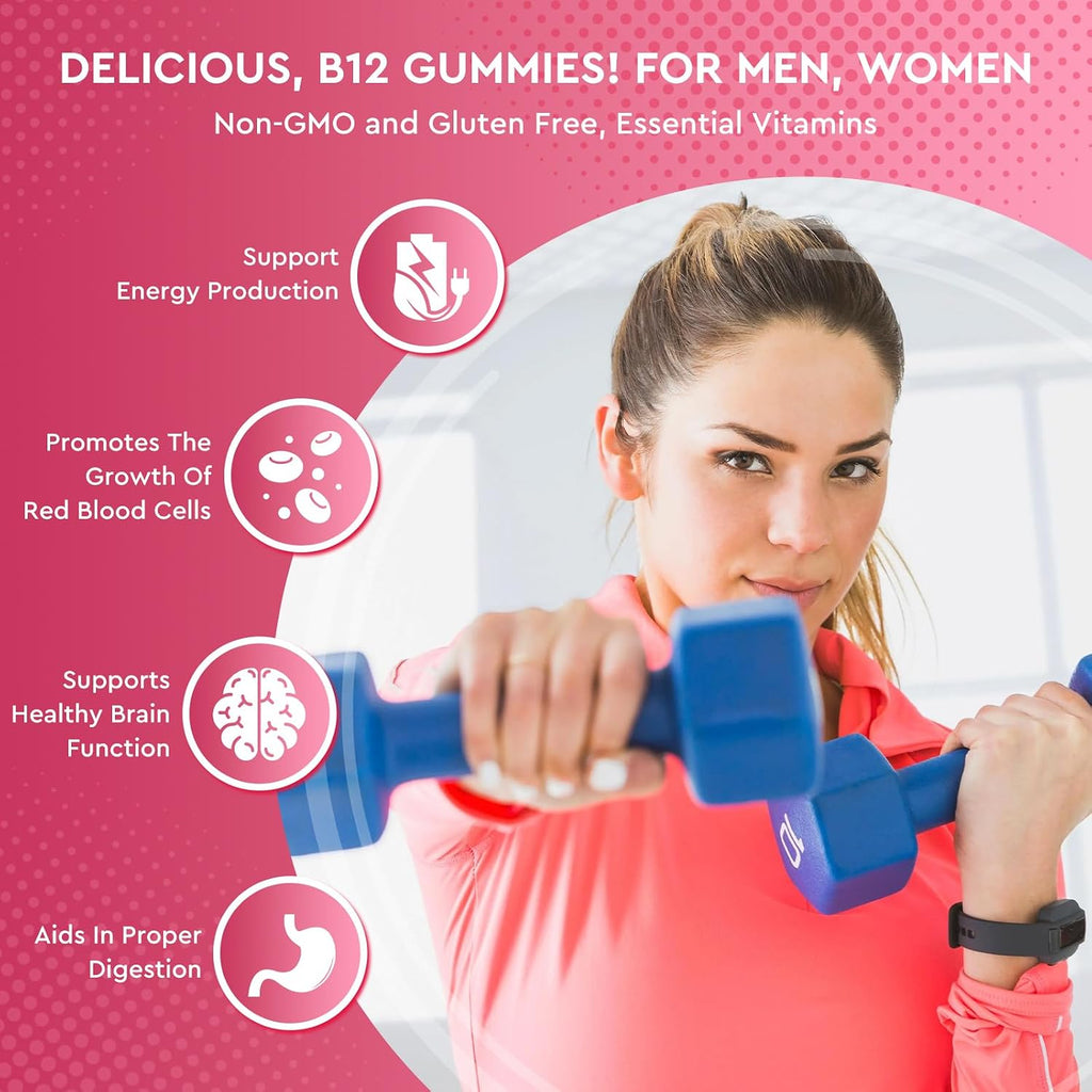 Vitamin B12 Gummies 5000 mcg con Hierro, Vitamina C, D3 y Folato - Complemento Alimenticio en Gominolas Sabor Fresa