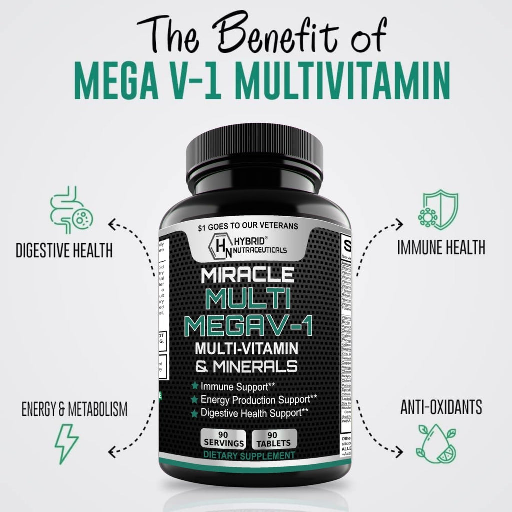 MEGAV-1 Multivitamínico, Superfood y Minerales - Complejo Diario con Probióticos y Enzimas, 90 Comprimidos